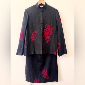 Vintage Angela Caputi Silk and Wool Jacket and Skirt Black and Red - Women's